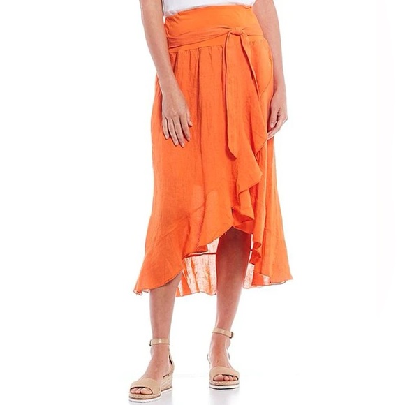 M MADE IN ITALY ORANGE LINEN RUFFLE SKIRT - Picture 3 of 9